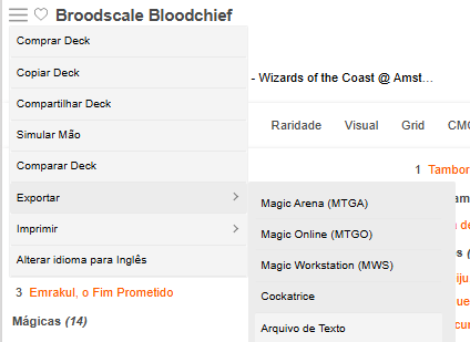 Menu da LigaMagic com a opção Exportar aberta e o submenu a mostrar Magic Arena, Magic Online, Magic Workstation, Cockatrice e Arquivo de Texto